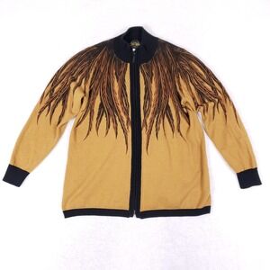 Bob Mackie Wearable Art Feather Zip Sweater L Gold